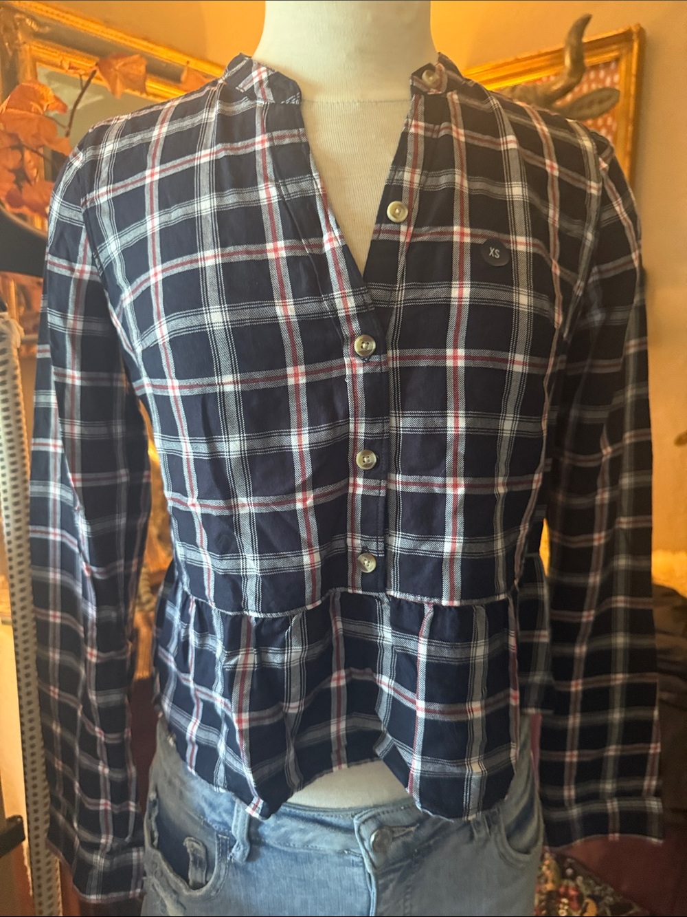 NWT Abercrombie & Fitch Plaid Peplum Popover Blouse XS